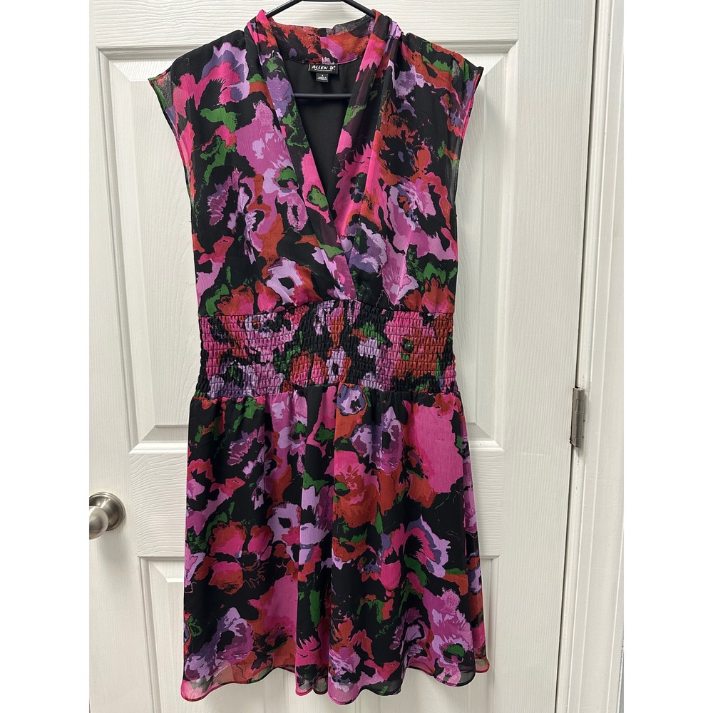 Allen B by Allen Schwartz Floral Smocked Waist Dress Pink Purple Black Size 8